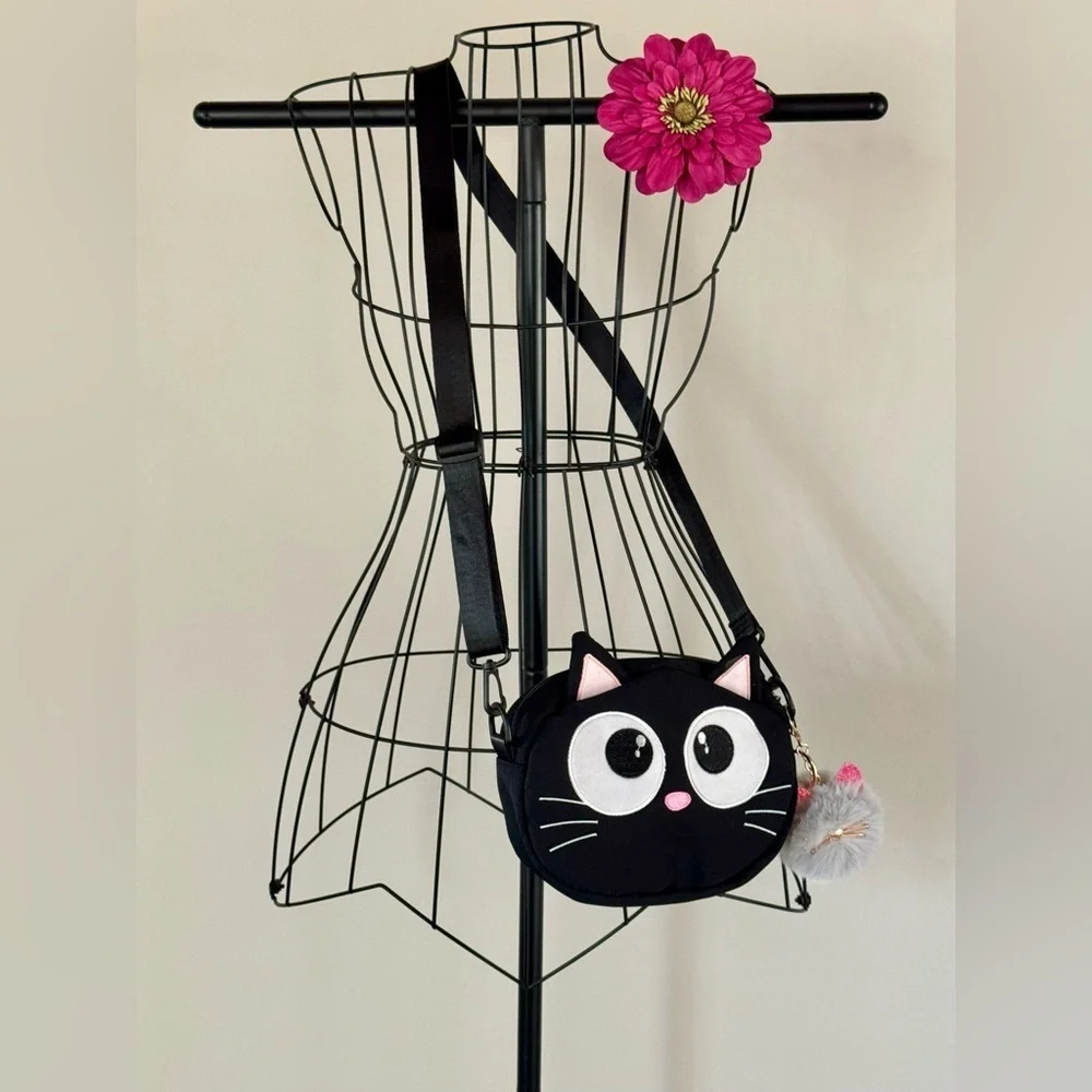 New Black Cat Crossbody Shoulder Purse Bag w/ Pink & Gray Bag Charm - 8” x 6”